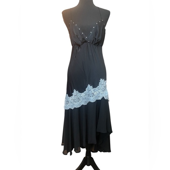 Flora Nikrooz Black Lace Slip Dress L Asymmetrical Hem Y2K Glam Lingerie Style - Picture 1 of 5